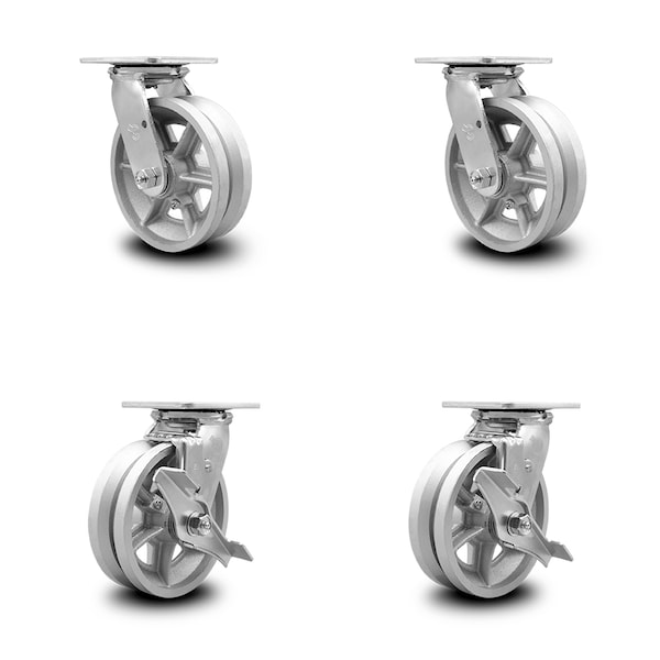 6 Inch V Groove Semi Steel Swivel Caster Set with Ball Bearings 2 Brakes SCC